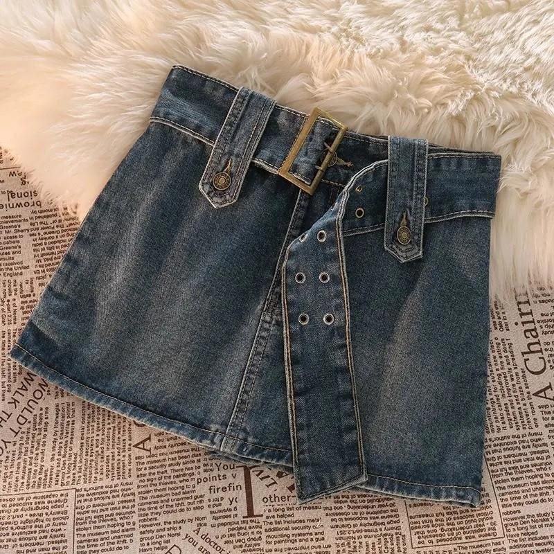 Denim Skirt Women Summer Retro High Waist Spliced Pattern For Casual Chic Look