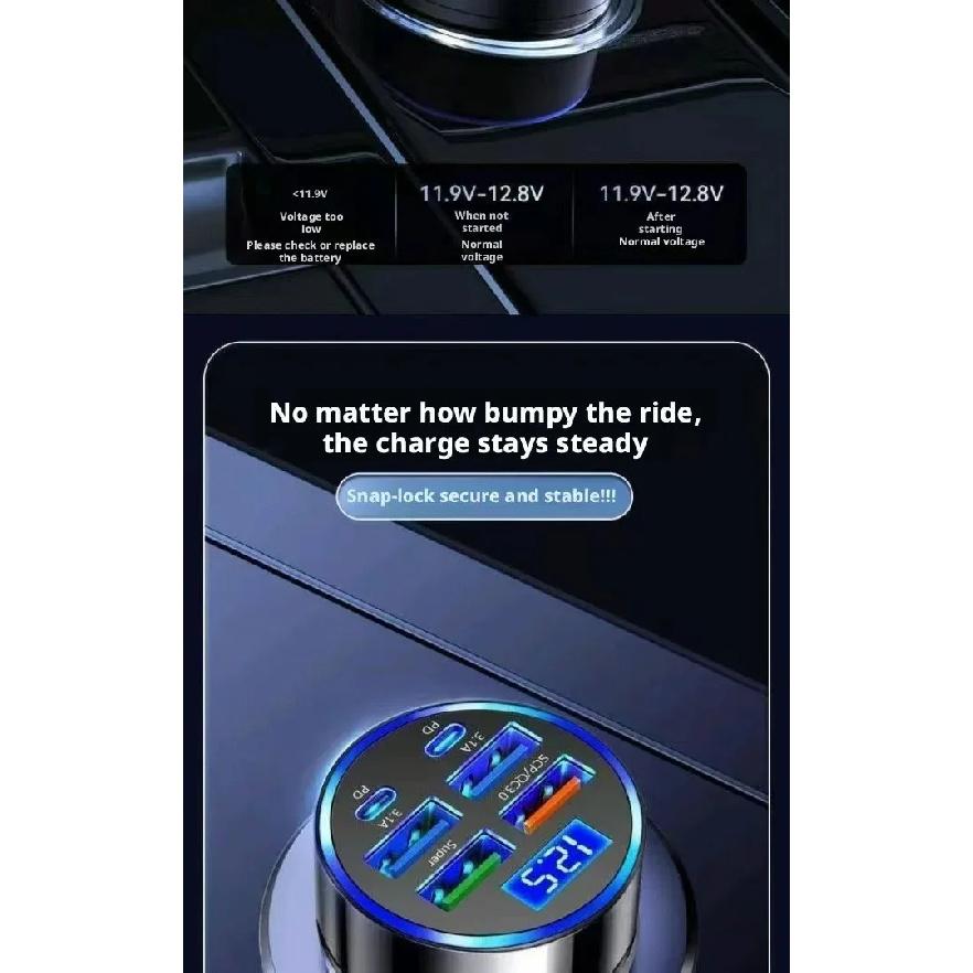 Fast Car Charger 6USB Ports Digital Display LED Cigarette Lighter Adapter Multi-Port Quick Charge For iPhone Samsung Xiaomi