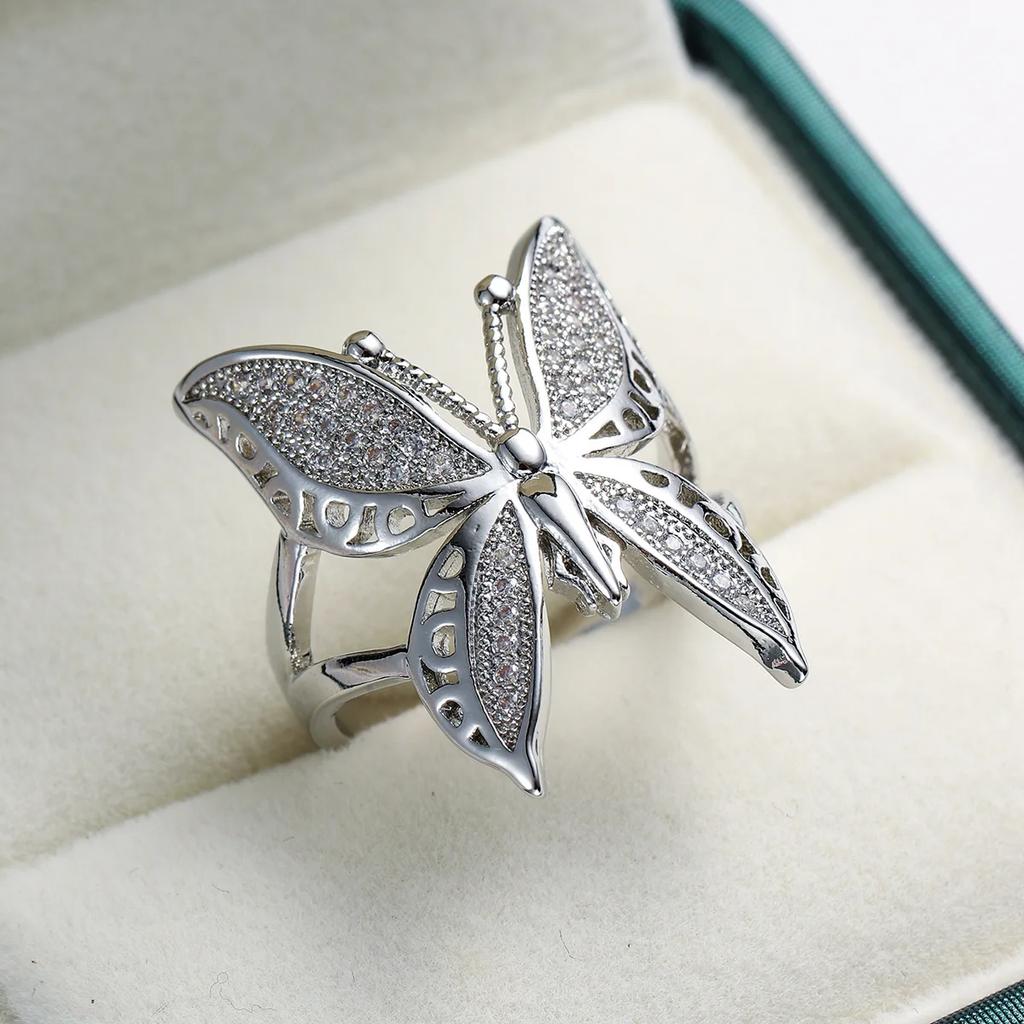 Cute Female Big Butterfly Zircon Stone  Sterling Silver Open Ring Simple Wedding Ring Stamp Love Engagement Sterling Ring