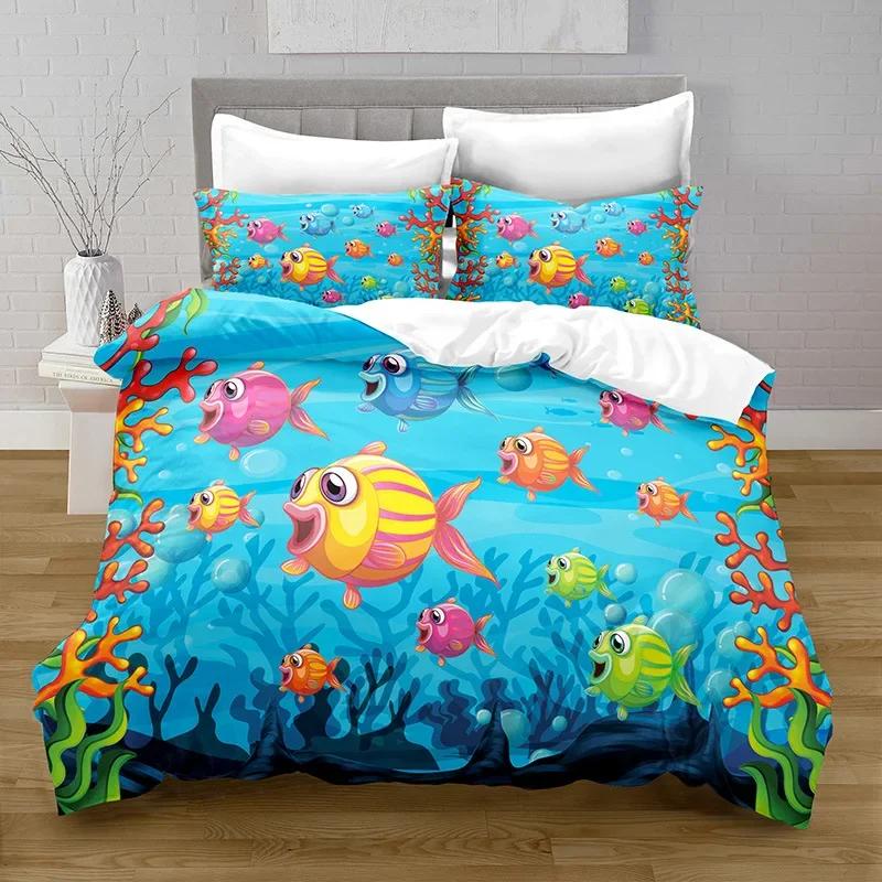 

Пододеяльник с изображением морских рыб и мультфильмов, комплект постельного белья с морской тематикой для мальчиков и девочек, декор из микрофибры, подводный мир, одеяло 70x133cm 2pcs