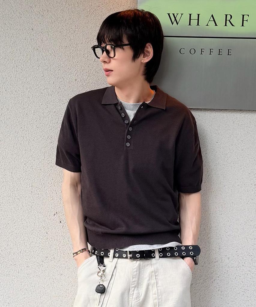 ECORR Linen Henley Neck Collar Crop Short Sleeve Knit_Charcoal