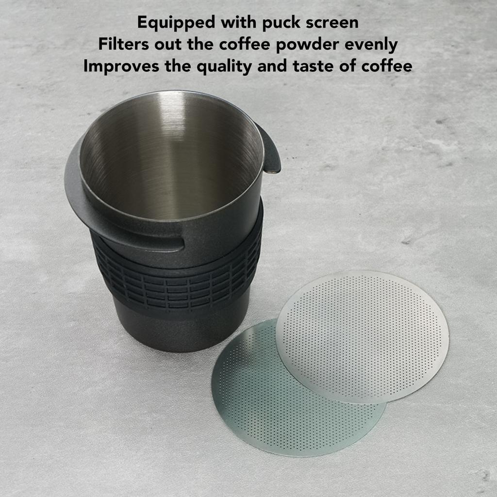 Dosing Cup Stainless Steel Coffee Powder Catcher Mug with Puck Screen for Coffee Maker Black 53mm / 2.08in