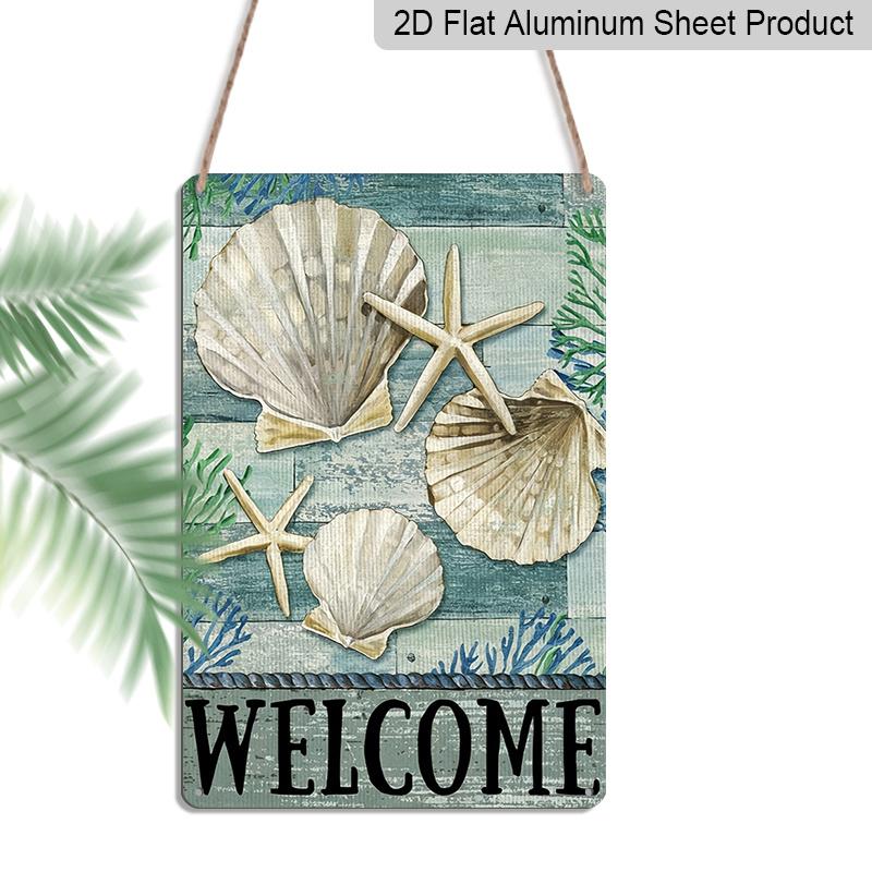 

2D Flat, 1pc Nautical Welcome Seashell & Starfish Metal Wall Art Sign - 8*12 Inch Aluminium Rustic Beach House Decor, Coastal Watercolor Style 20*30cm
