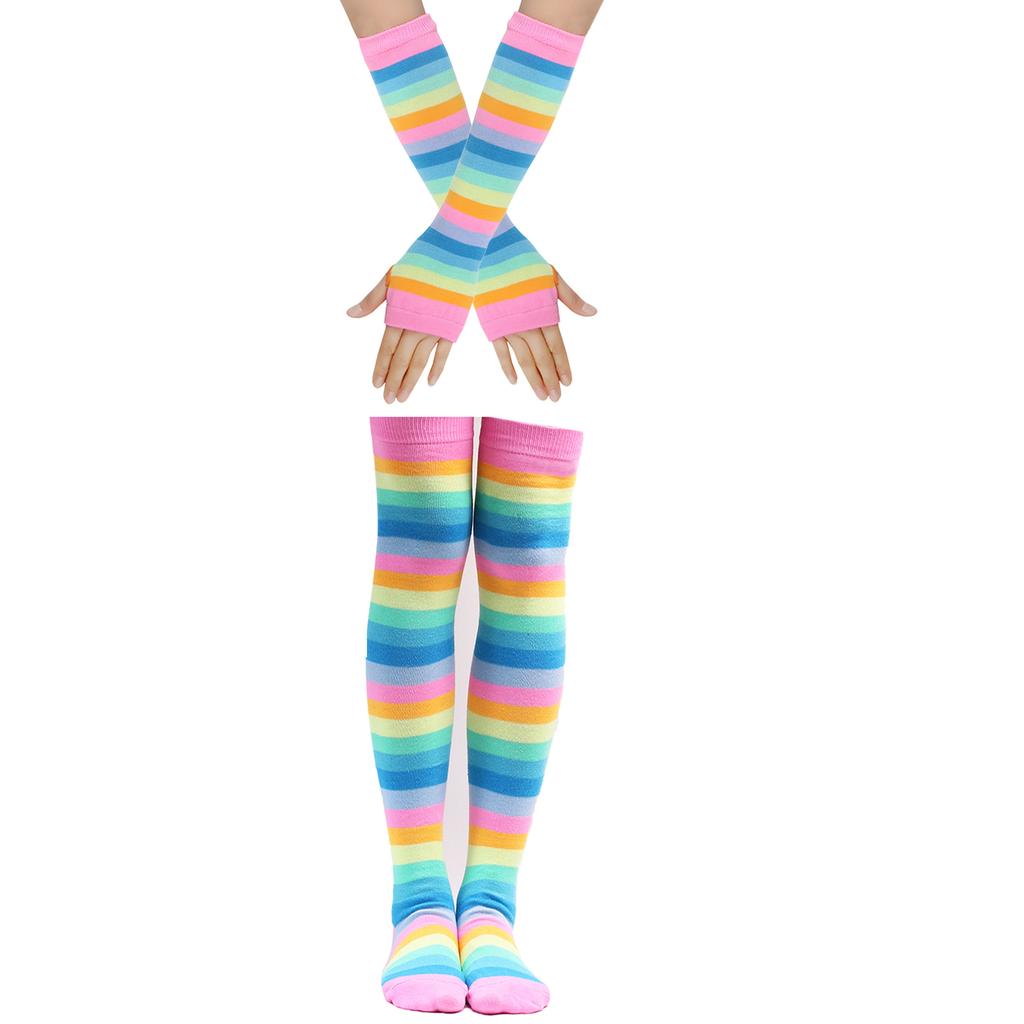 Damen Oberschenkelhohe Strümpfe Armstulpen Handschuhe Set Damen Mädchen Schwarz Weiß Gestreift Lange Overknee Socken Cosplay Lolita