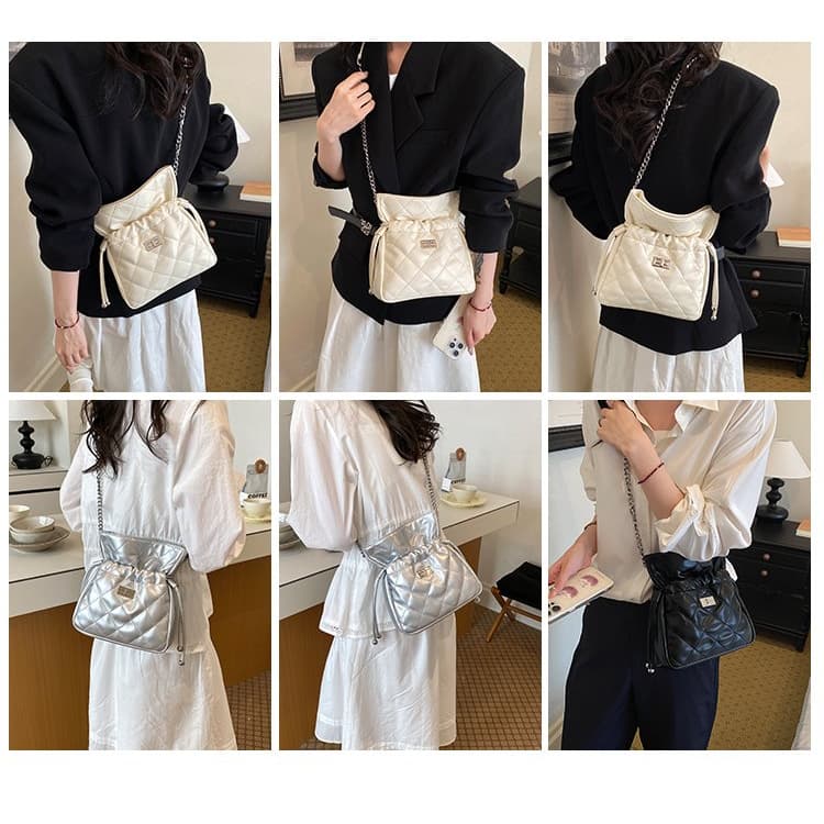 Rhombus drawstring small bag, shoulder messenger mobile phone women's bag