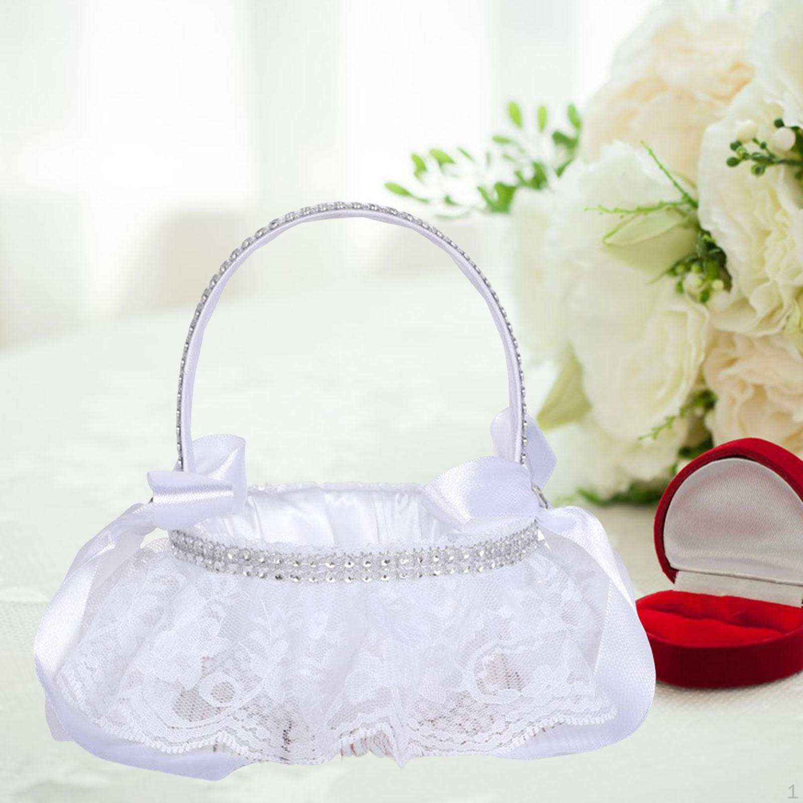 

Bridesmaid Lace White Flower Girl Basket, Satin Basket with Handle, Petal Style A