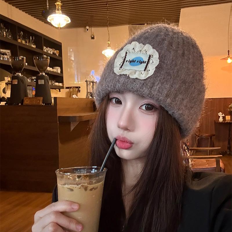 Label Knitted Hat Winter Thickened Warm Woolen Hat Fashion Versatile Lace Cloth Label Hat