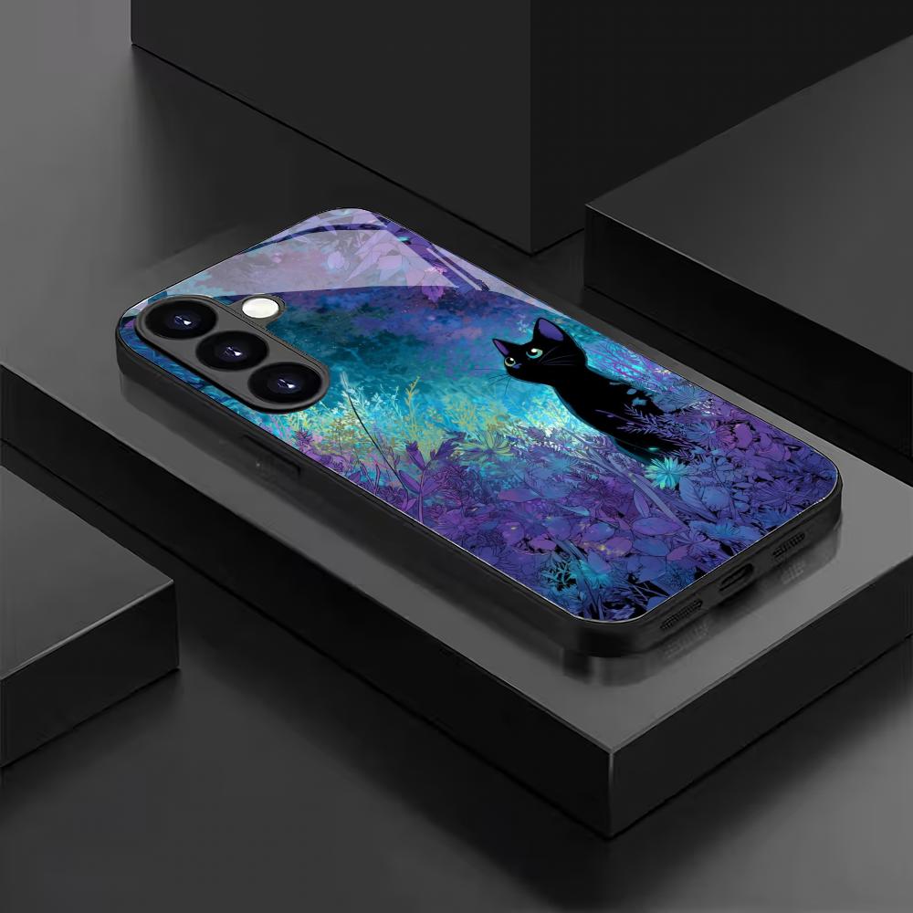 Cat Looking Up At the Starry Sky Glass Phone Case Suitable for Samsung Galaxy S26 S25 S24 S23 S22 S20 FE/Ultra/Plus Anti Fall