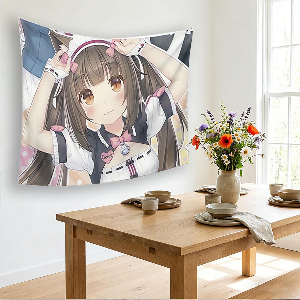Anime Tapestry, Flat Print Cute Cat Ear Maid Character Design, High-Quality Horizontal Wall Hanging, Anime Room Decor For Living