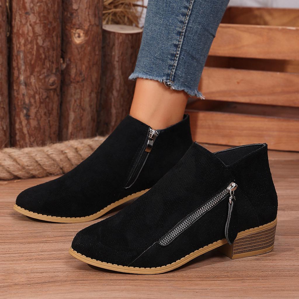 Large size winter new round head European and American fashion retro side zipper round head thick heel short boots women's boots spot