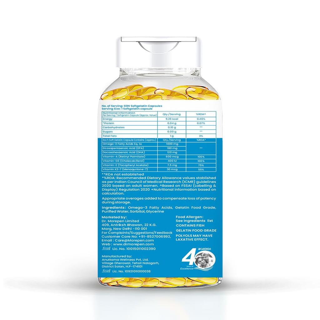 DR. MOREPEN Omega 3 Deep Sea Fish Oil 1000 Mg with DHA & Vitamins A D E K27, 60 Softgels Pack of 1