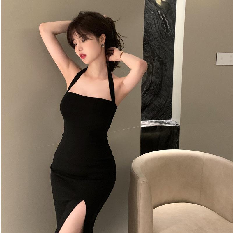 Sexy Feminine Neck Dress, Backless, Thin, High Split, Medium and Long Dress, Elegant Suspender Skirt