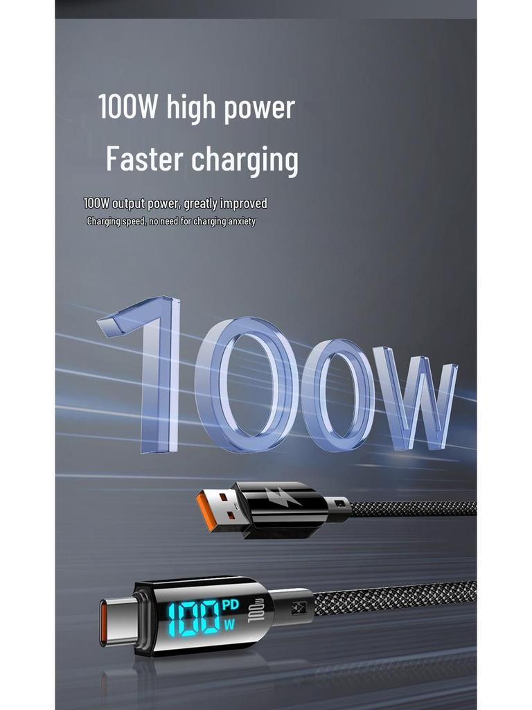 100W Digital Display A-C Fast Charging Cable for Apple, Samsung, Huawei, Xiaomi Phones