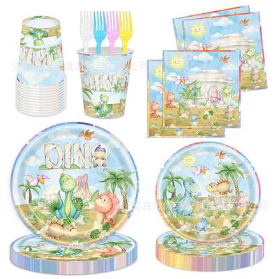 Cute Dinosaur Disposable Paper Tableware Set Kids Birthday Party Plates Cups Napkins Decor