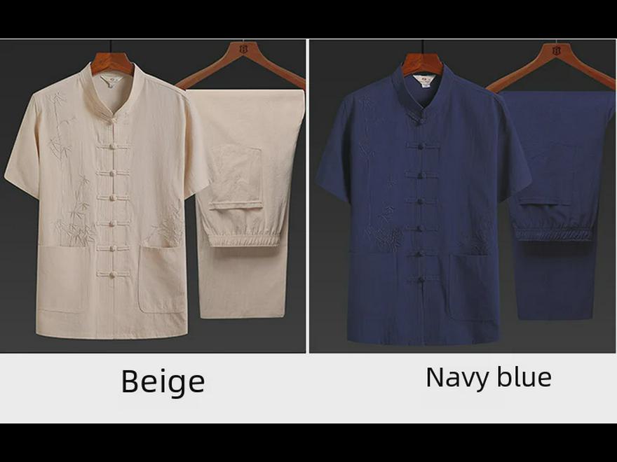 Costum Tang din bumbac-in cu mânecă scurtă pentru bărbați de vârstă mijlocie și în vârstă - Stil chinezesc Hanfu de vară