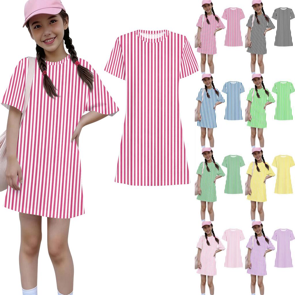 Girls Loose Fit Short Sleeve Dress Lightweight Casual Round Neck Striped Printed Dress for Kids Comfortable Summer Wear