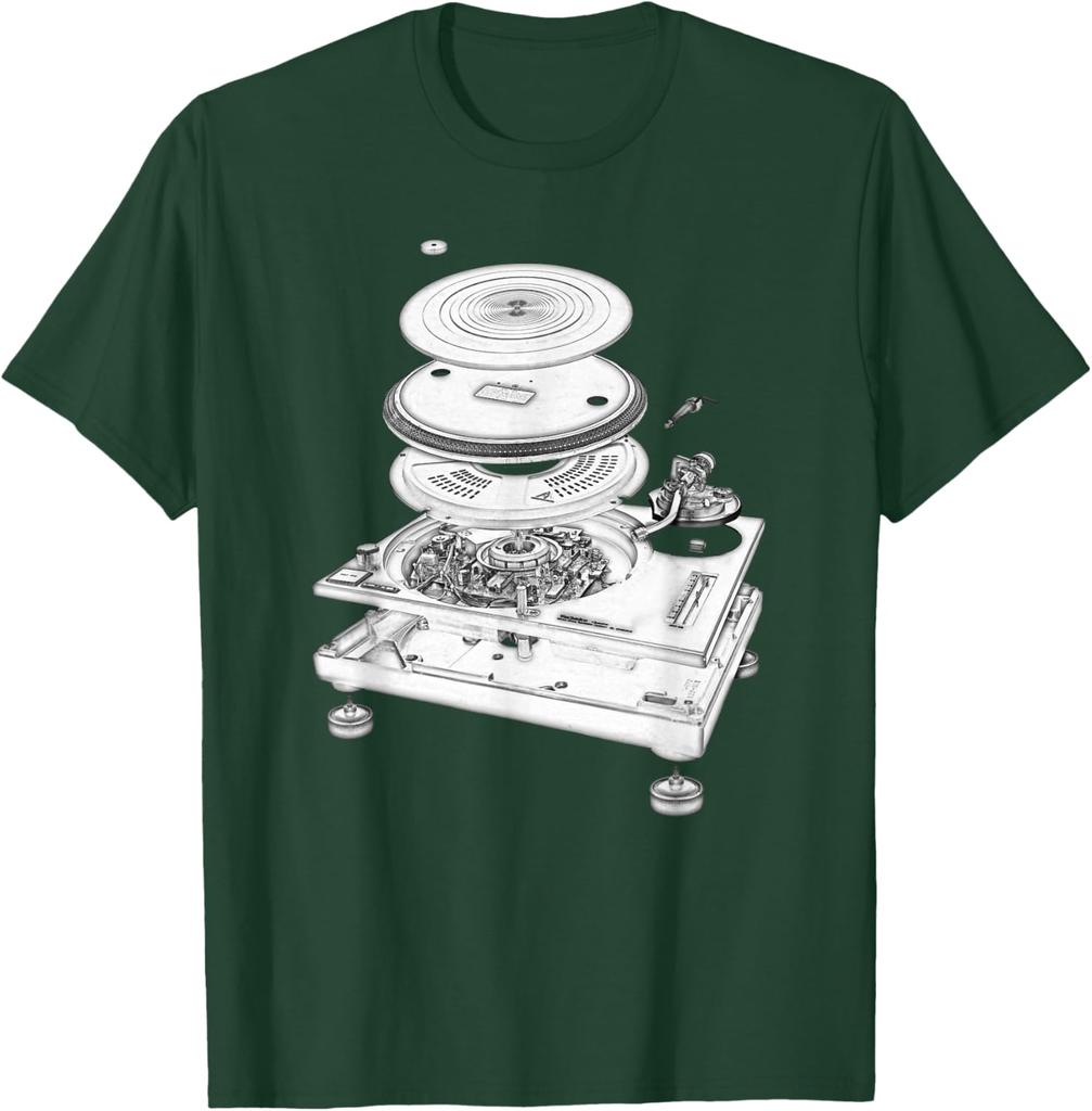 Turntable Exploded Blueprint DJ Graphic Tee Cotton Casual Short Sleeve TShirt