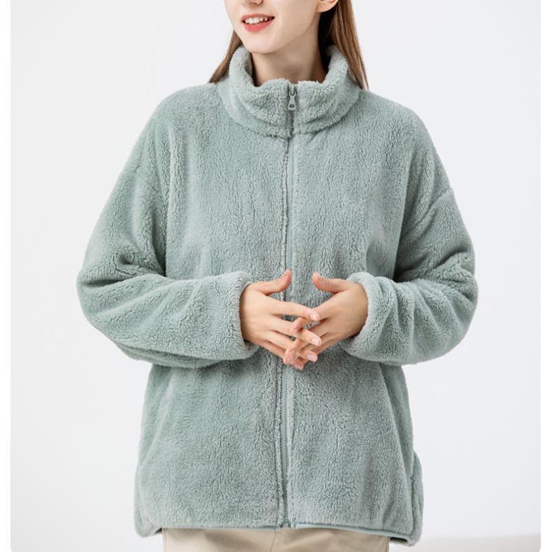 Autumn and Winter Double-sided Velvet Warm Short Coat for Women's New Loose Solid Color Stand-up Neck Cardigan Sweater Fleece for Women