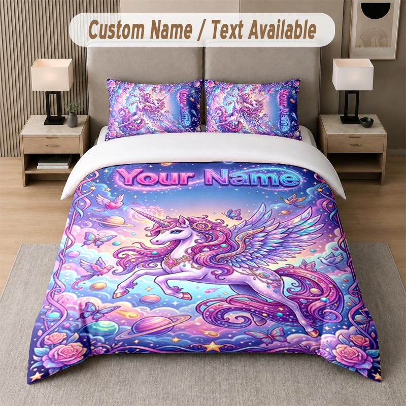 Unicorn Theme Custom Text Or Name 3Pcs Bedding Set 1 Flat Sheet & 2 Pillowcases Personalized Home Bedding