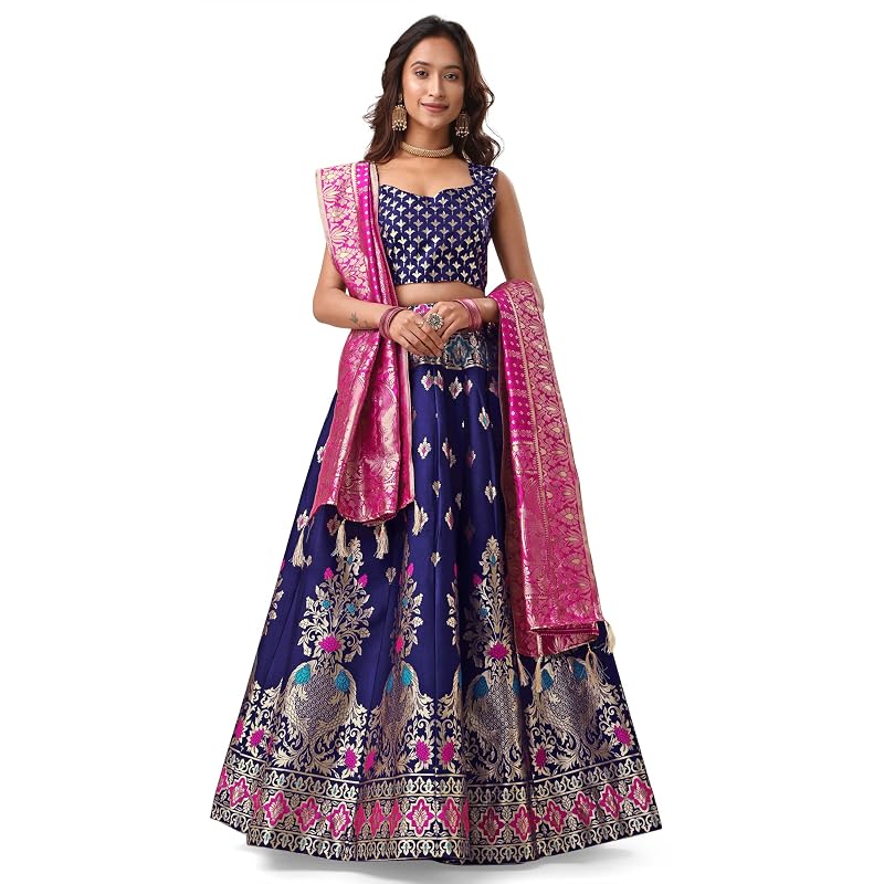 PURVAJA Women' Jacquard SemiStitched Lehenga Choli (IndraNavyBlue NavyBlue Free )
