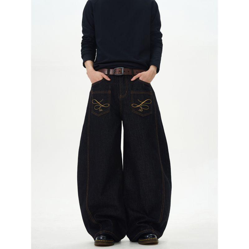 Kisko American Retro Style Reverse Pocket Embroidered Washed Scimitar Jeans Unisex Loose Straight Casual Pants