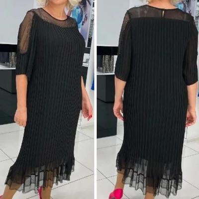 Women Dress Half Sleeve O Neck Double-layer Mesh Patchwork Ruffle Hem Plus Size Solid Color Loose Mid-calf Length Striped Soft Lady Spring Summer Midi