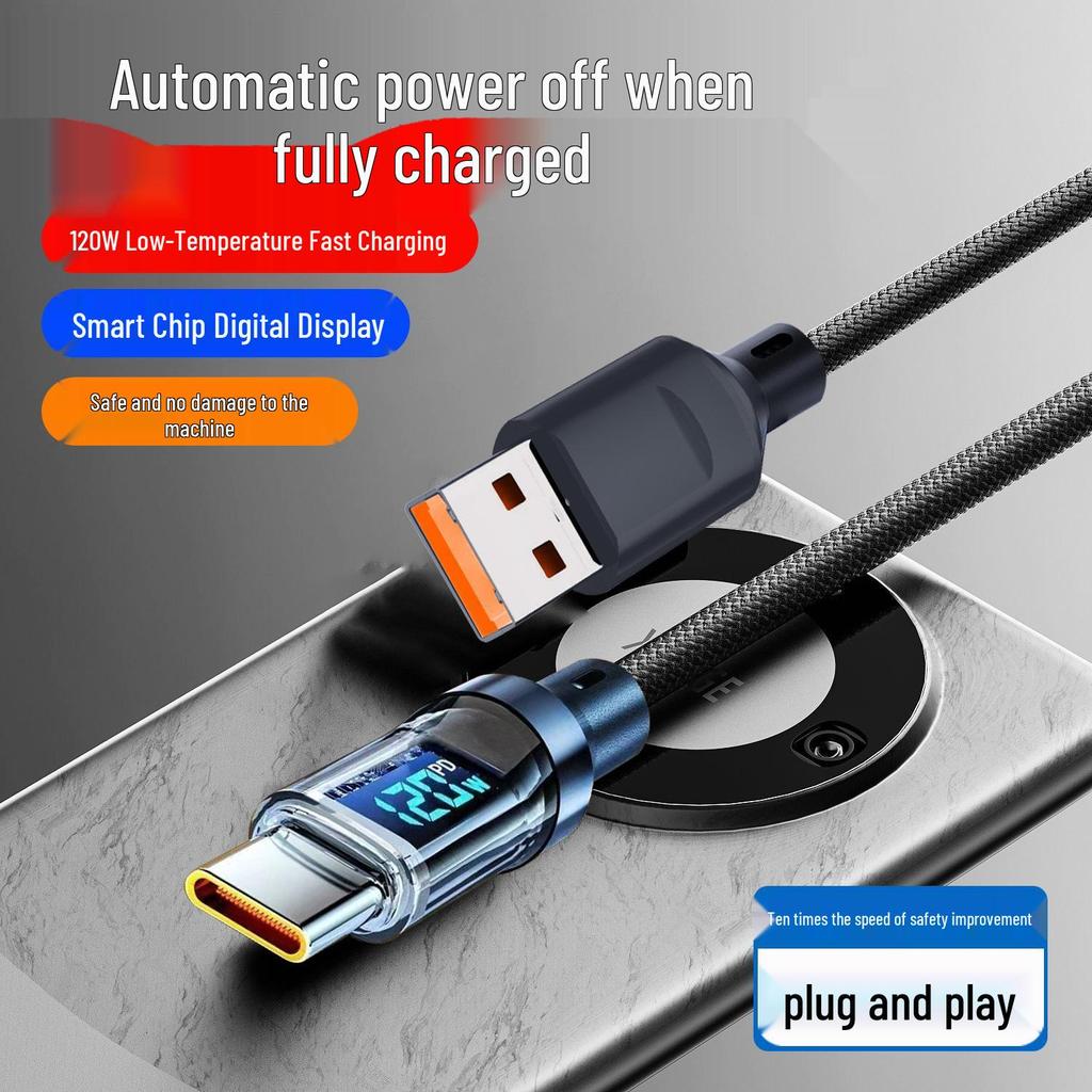 120W Dual Type-C 6A Super Fast Charging Cable with Digital Display for Apple, Huawei, Honor