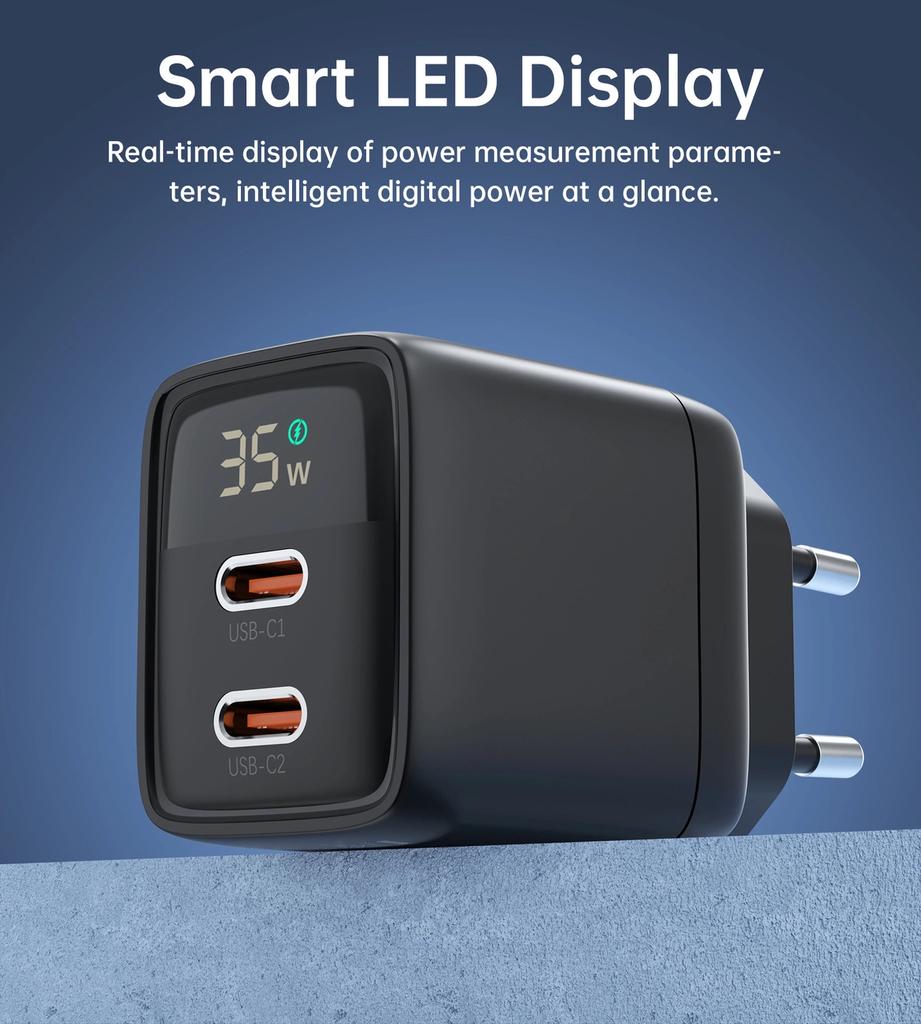 Ładowarka Sieciowa Choetech Pd6051 Usb-C Usb-C Pd 35W Gan Z Wyświetlaczem - Czarna