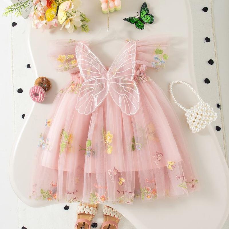 Korean Style Girls' Embroidered Mesh Skirt & Flutter Sleeve Camisole Butterfly Dress