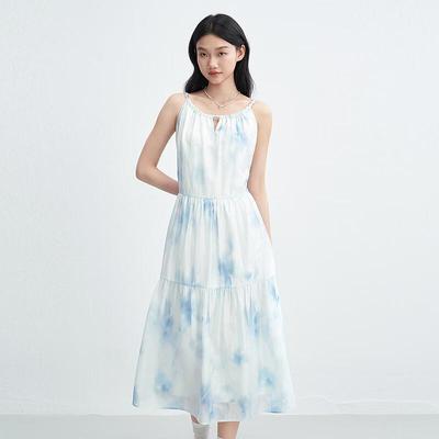 Ledian Tencel-Linen Tie-Dye U-Neck Strappy Bow Sash Dress