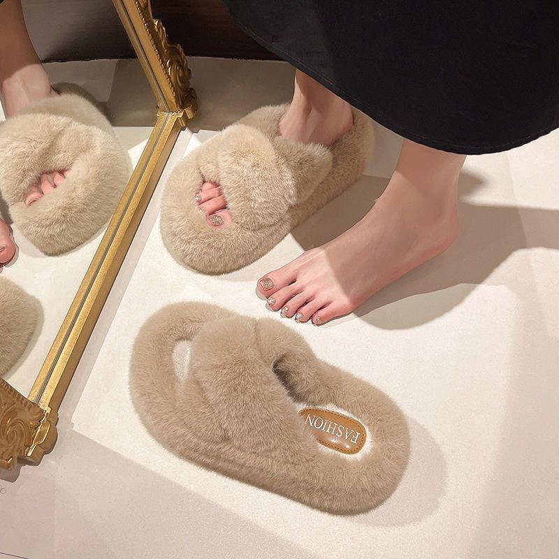 New Autumn and Winter Fashion Versatile Home One-word Cotton Slippers Thick Bottom Heightening Fluffy Slippers Women's Wear