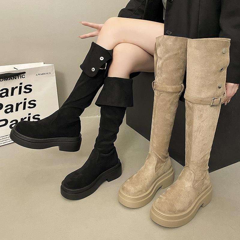 Two Wear Folded Knee Boots Small 2025 New Thick-soled Belt Buckle Western Boots Pile Boots Women