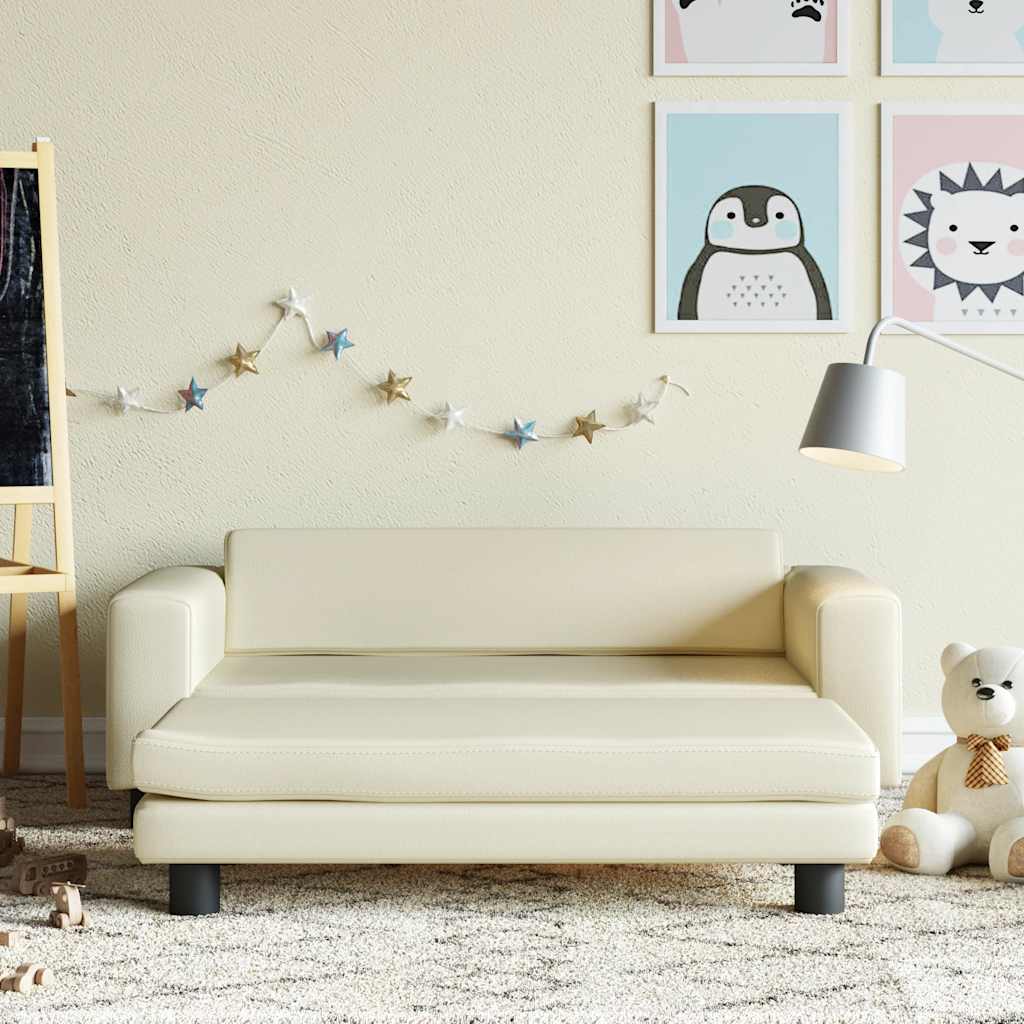 Kids Sofa with Footstool Cream 100 X 50 X 30 Cm Faux Leather