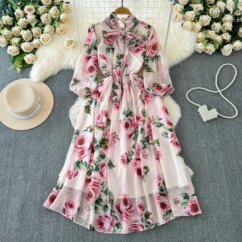 

Слегка зрелое платье А-силуэта с длинным рукавом, бантом, шнуровкой на талии для контроля, стройнящее, с принтом, шифоновое, с большой юбкой, элегантное, длинная юбка Pink 2XL