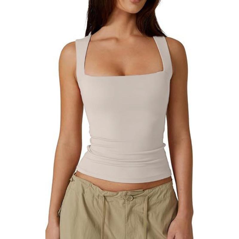 Summer Women's Square Neck Sleeveless Double Tank Top Basic Skinny T-Shirt