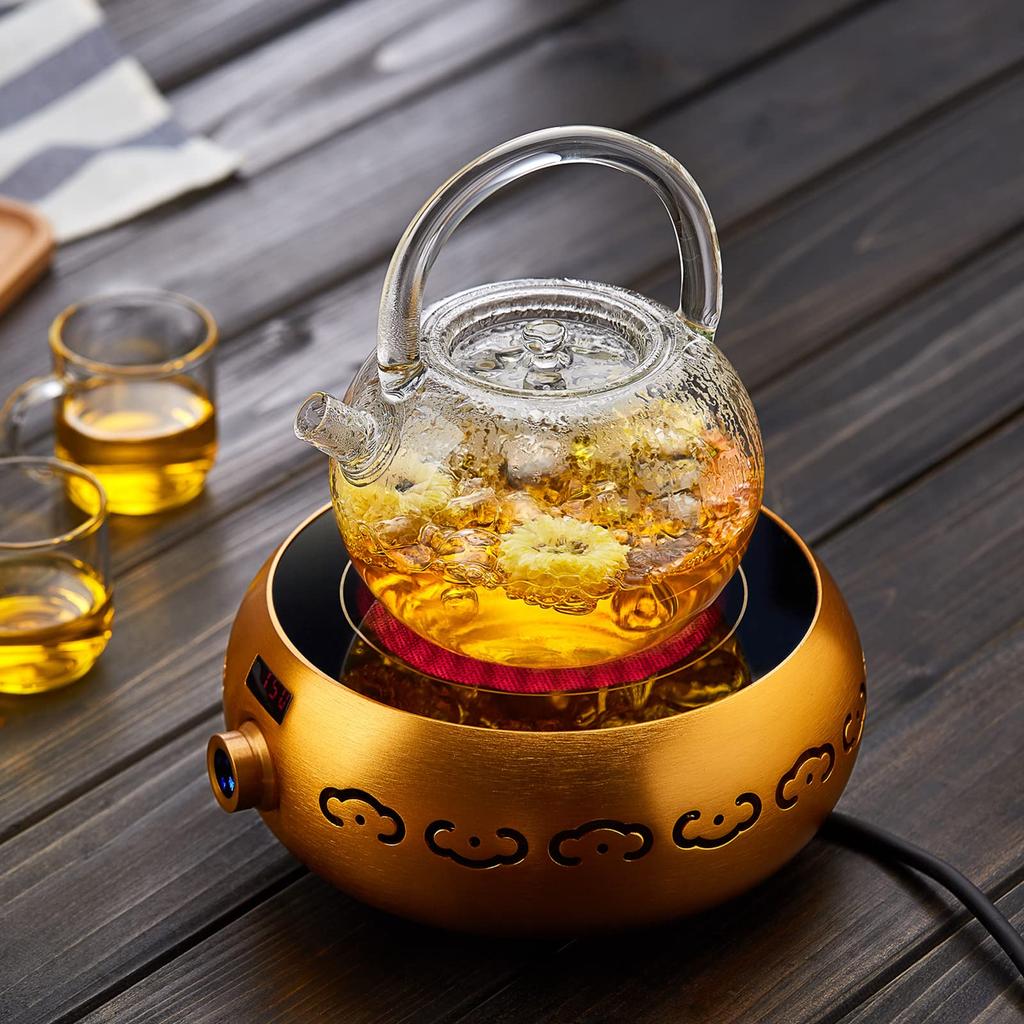 Pokaro Tea Clear Round Teapot, Heat-Resistant Glass Teapot, Shatter-Resistant, Direct Heat Safe, Large Capacity 850ml, Clear Glass, Hand-Shaped
