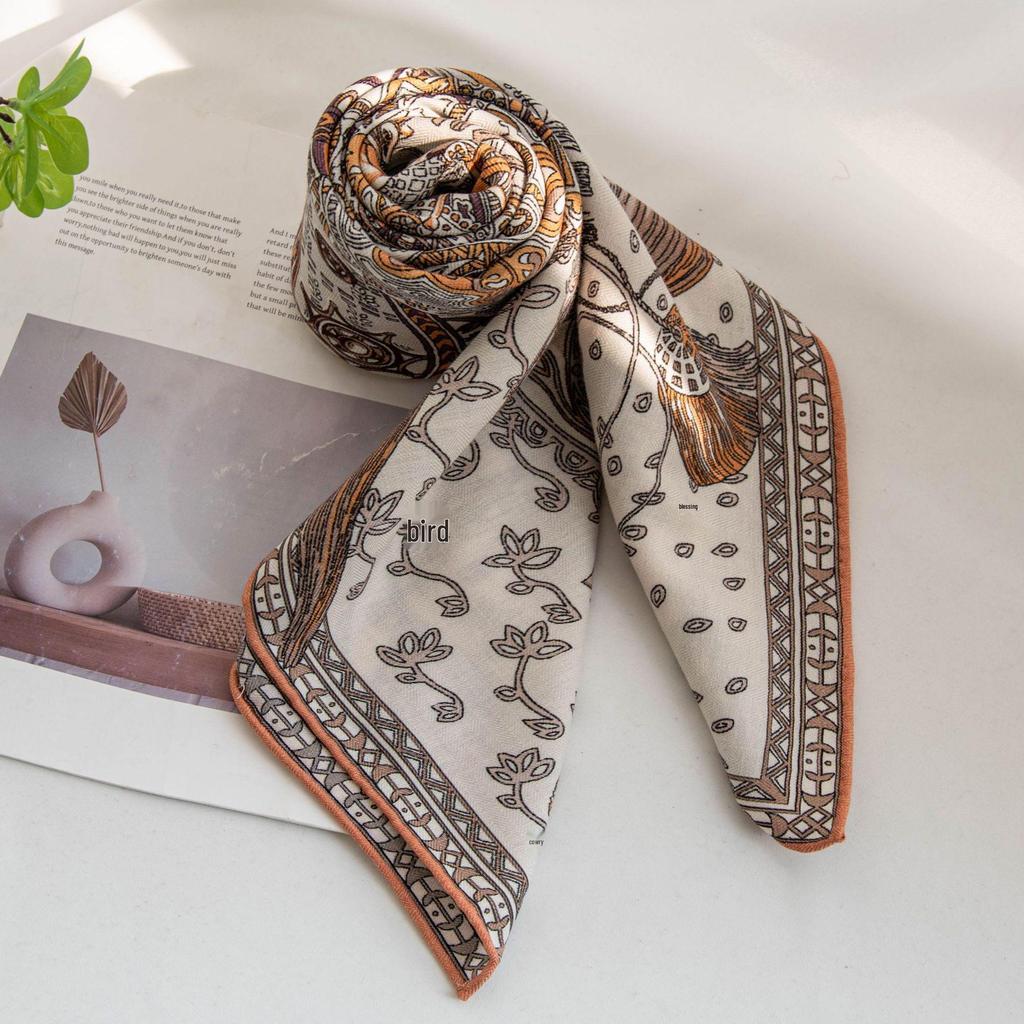 Exotic Knight Silk Wool Square Scarf: Elegant Double-Sided Print, Sun Protection & Neck Warmer