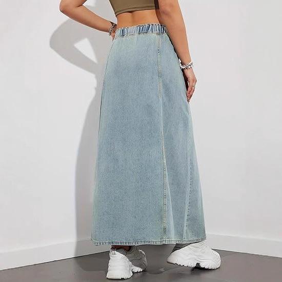 Women's Elastic Waist Denim Swing Skirt Women's Casual Long Skirt with American Design