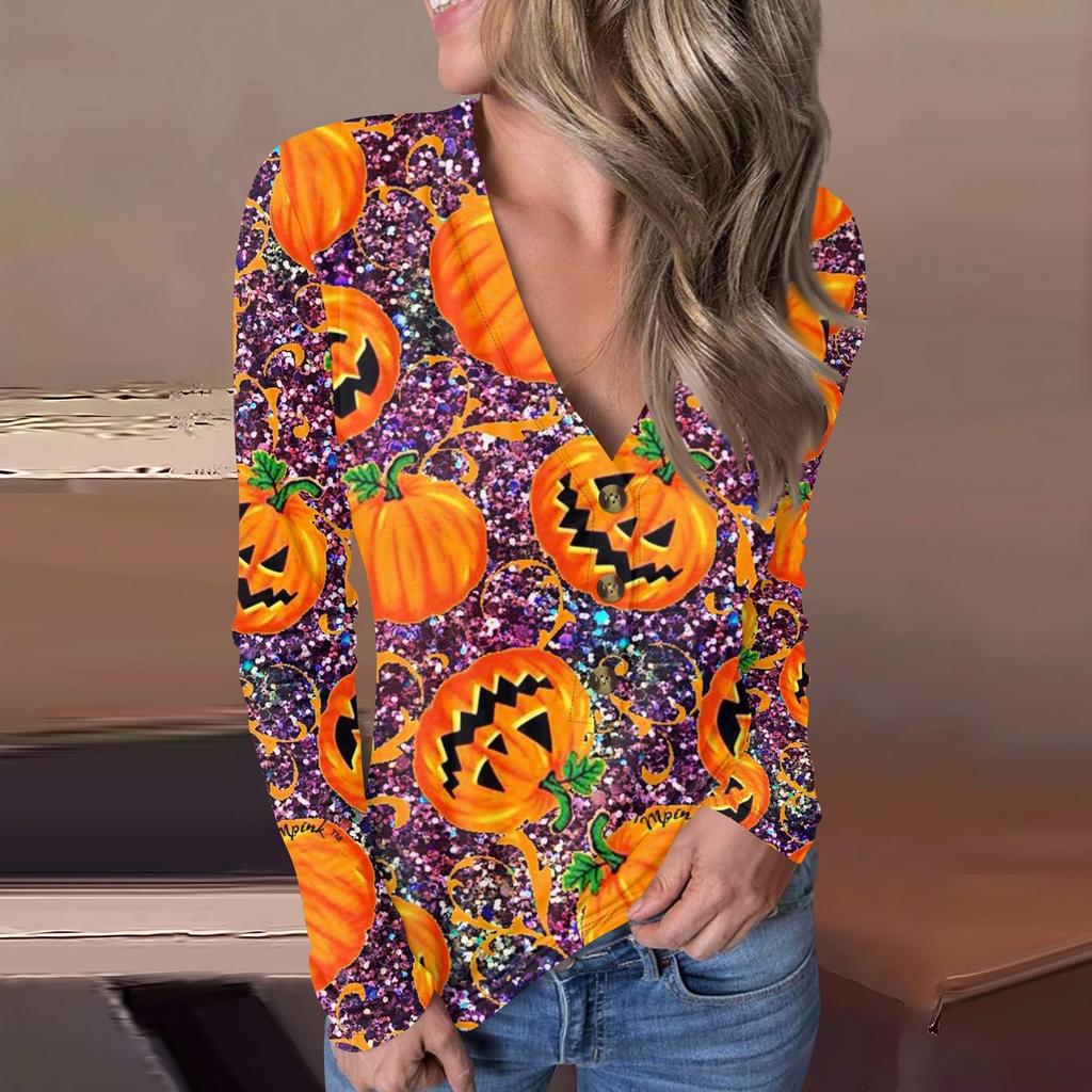 Lässiger Pullover mit V-Ausschnitt und Halloween-Print für Damen