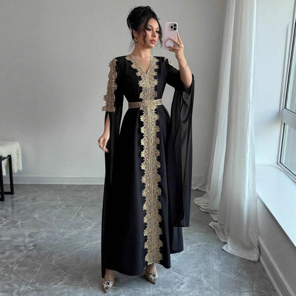 Elegante Abito Formale a Maniche Lunghe Ricamato con Scollo a V