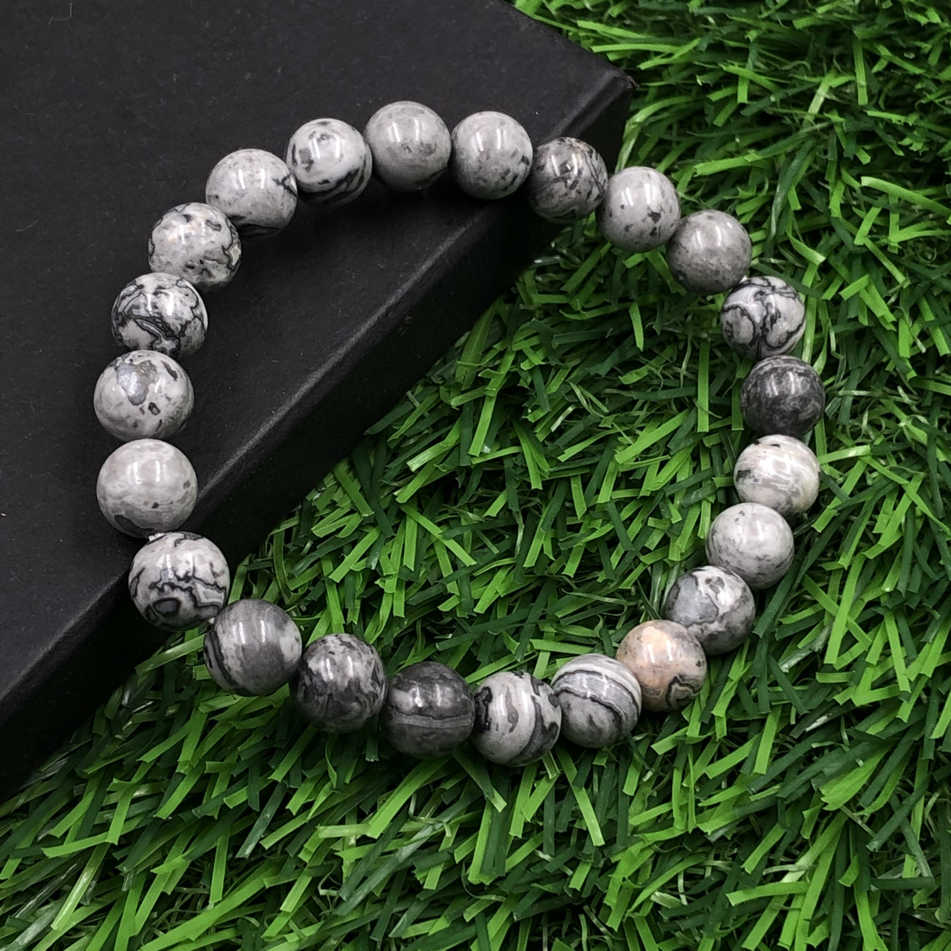 8 мм Натуральный Серый Яшмовый Камень Круглые Бусины Эластичный Браслет 7.5  Ручная Работа Красивый Браслет Для Внутреннего Спокойствия RBB-80