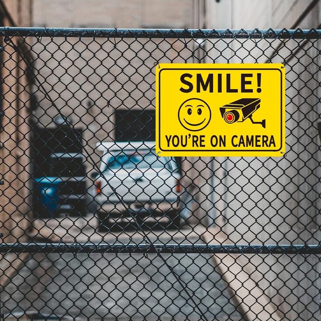 4pcs Smile Your On Camera Metal Sign, Video Surveillance Signs Outdoor, Yard,Property, Business Security Camera Aluminum Sign