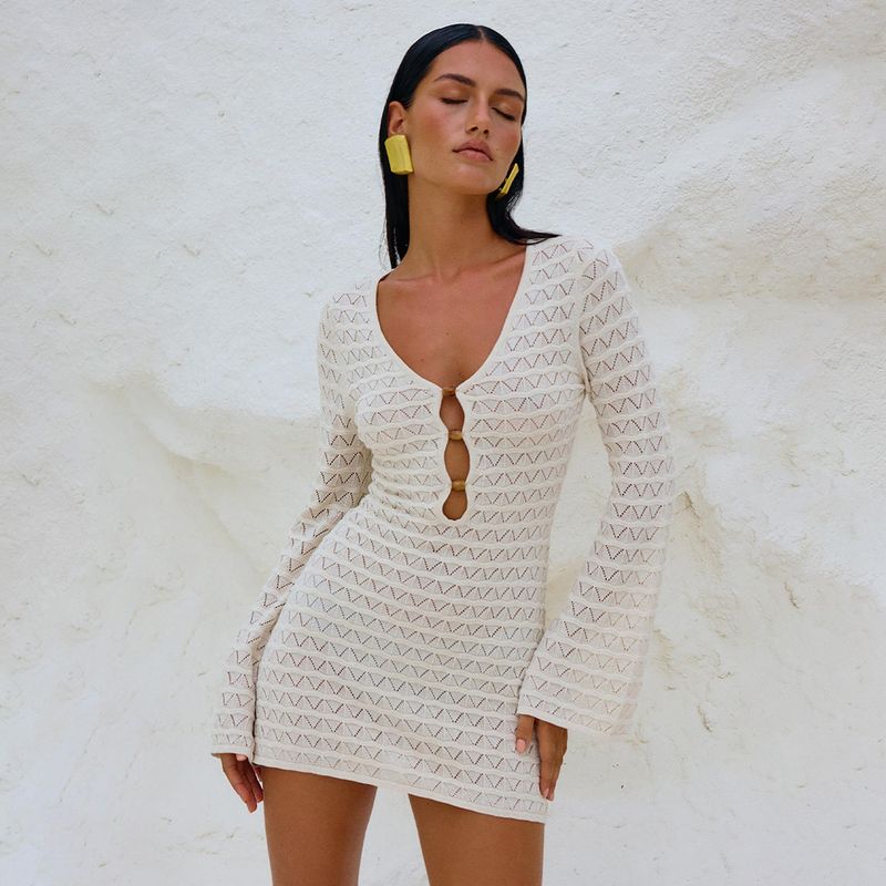 

European and American Beach Skirt Women Solid Sexy Knitted Beach dress Women Knitted Beach Dress Beige White L