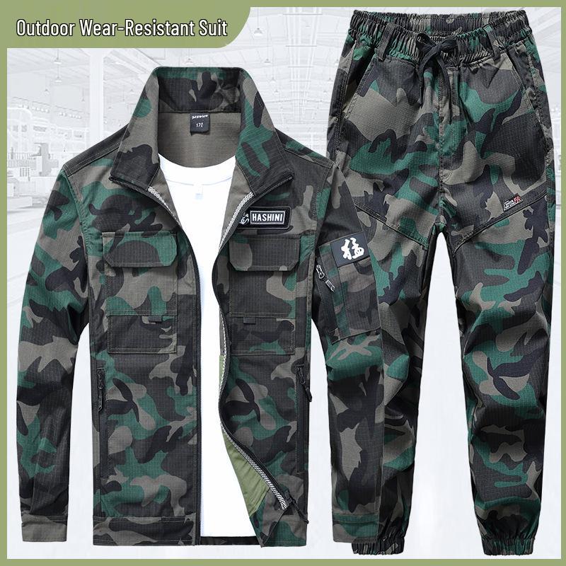 Men's Durable Camouflage Workwear Set: Wear-Resistant, Tear-Resistant, Dirt-Resistant Overalls for Outdoor, Auto Repair, and Labor Protection.