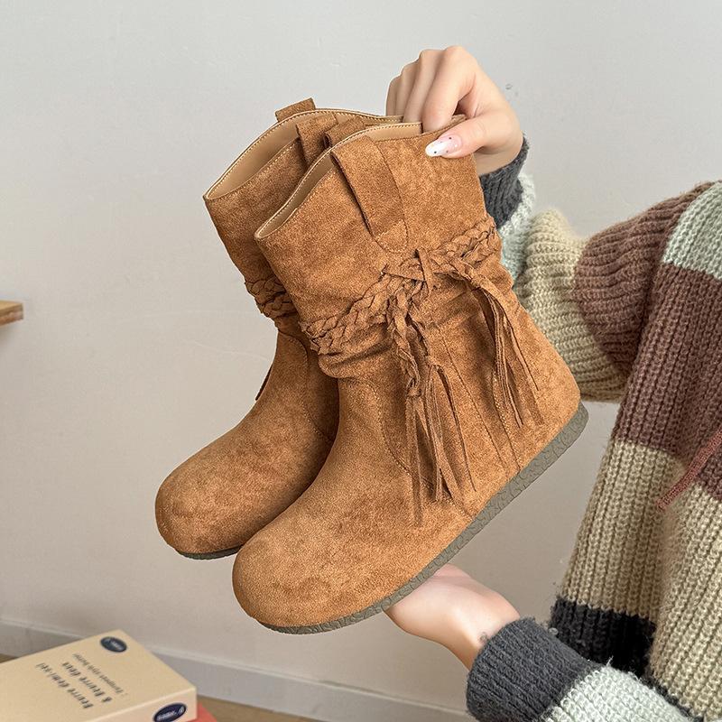 

Retro fringed short boots women s autumn new temperament versatile round head stacking boots inner heightening western boots 40 верблюд