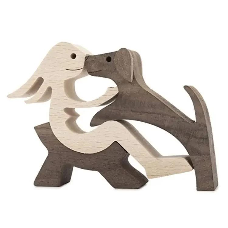 Famiglia Cucciolo Legno Cane Artigianato Figurina Regalo di San Valentino Modello di Intaglio Decorazione per Casa Ufficio Regalo di Natale Decorazione per Coppia