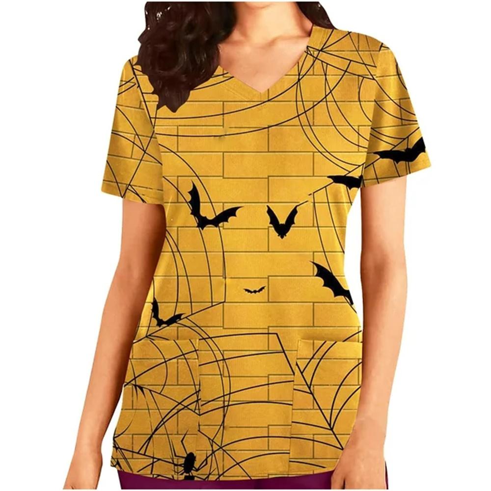 Surgical Uniforms Woman Halloween Prints Curable Nurse Tops Casual V-Neck Short Sleeve Patch Pocket Tees Nurse Uniform Woman