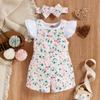 Toddler Girls Short Sleeve Top with Floral Print Overalls and Matching Headband Set Soft Fabric Comfortable Fit Summer Outfit