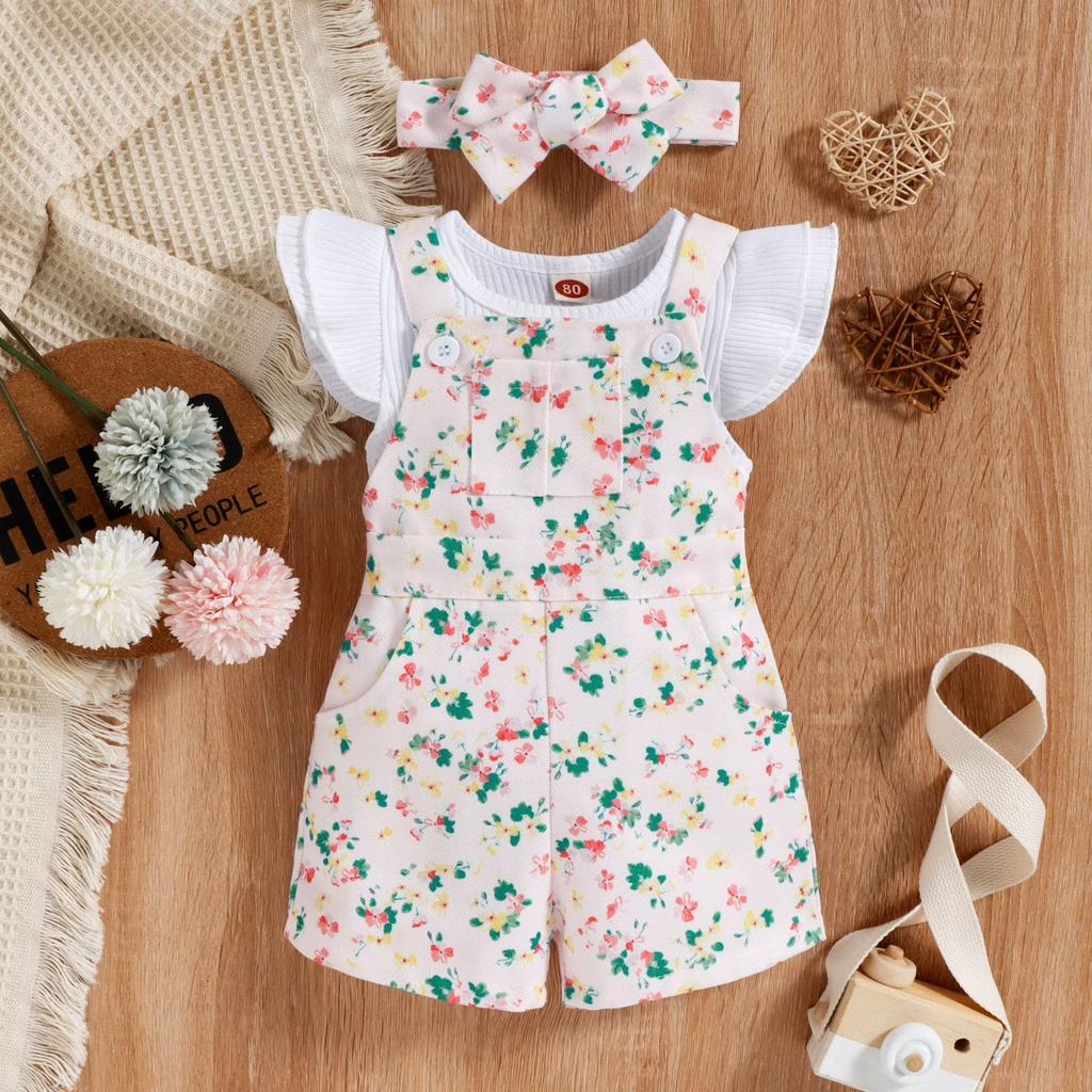 Toddler Girls Short Sleeve Top with Floral Print Overalls and Matching Headband Set Soft Fabric Comfortable Fit Summer Outfit