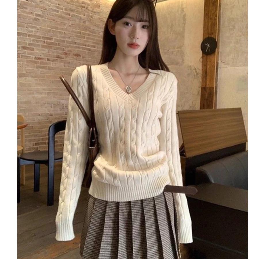 V-Neck Twist Women Sweater Knit Autumn Winter Casual Top Solid Color Loose Fit Korean Style Long Sleeve Fashion Sweaters Simple Clothing